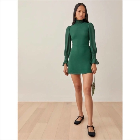 Reformation Archie Mini Dress Emerald Green Size 2 - Picture 3 of 16